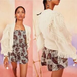 ULLA JOHNSON Elora Cardigan Silk Blend Fringe Balloon Sleeve Chunky Knit Sweater